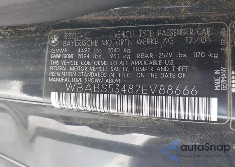 2002 BMW 330Ci из США, поврежденный, VIN WBABS53482EV88666